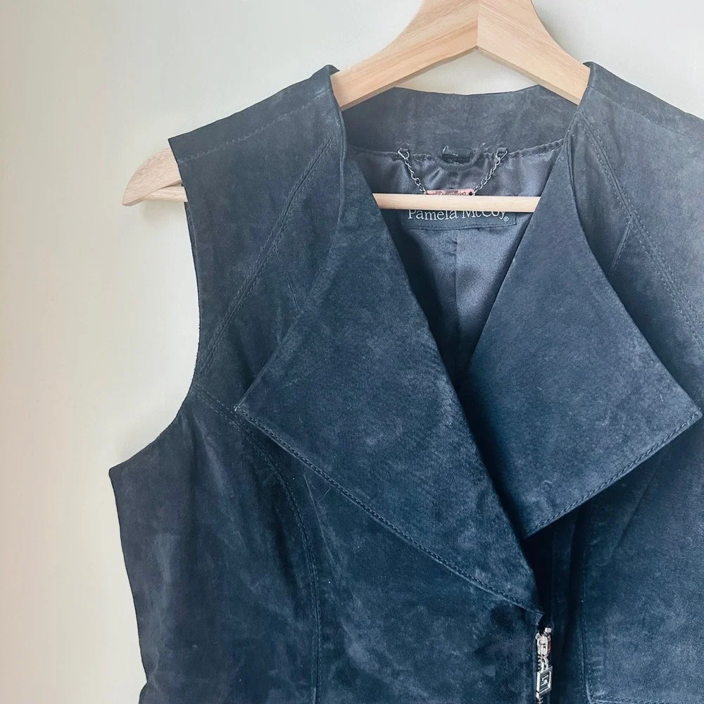 Pamela‎ McCoy Couture Black Suede Leather Asymmetrical Zip Vest Womens XS - Picture 3 of 13
